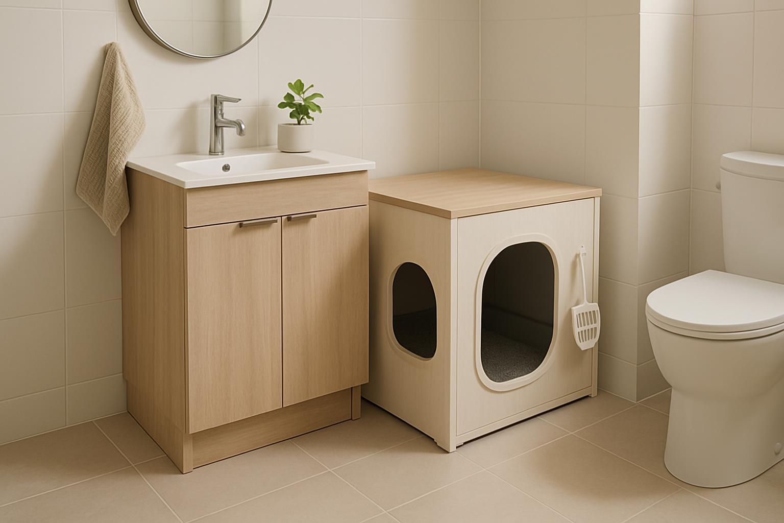 Example of a simple litter box area set apart from the cat feeding space