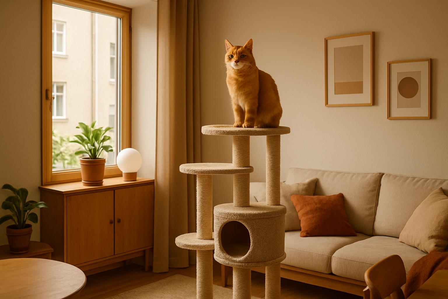 Small apartment setup for a new indoor kitten with vertical space and separated resources