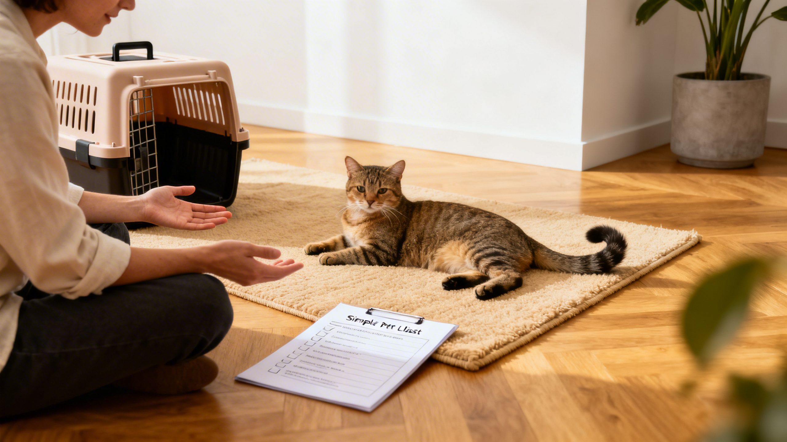 Cat owner reviewing pet care notes beside an indoor cat