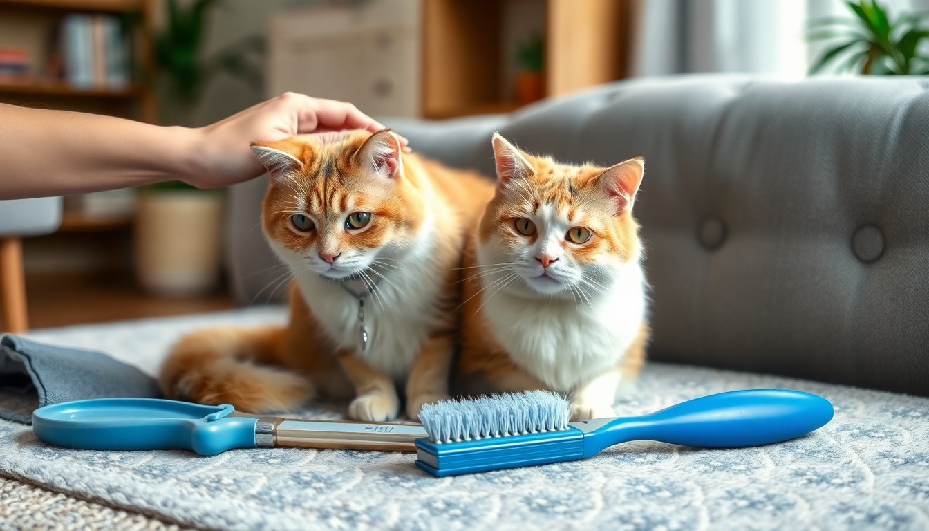 Indoor cat care image showing grooming tools routine