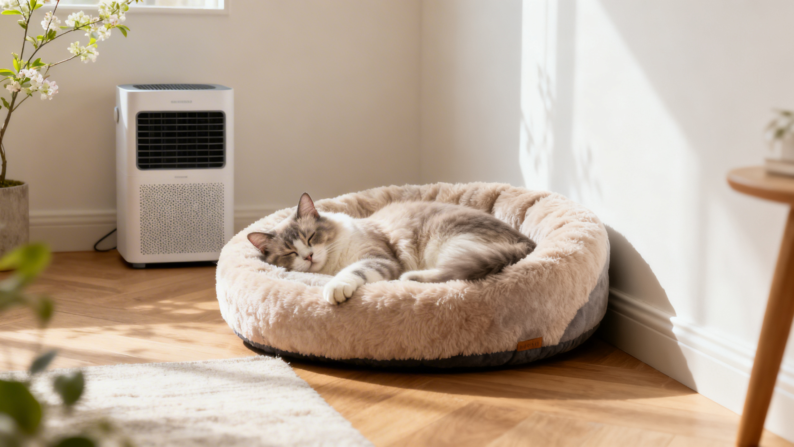 Clean indoor cat corner with bed air purifier and low-dust spring setup