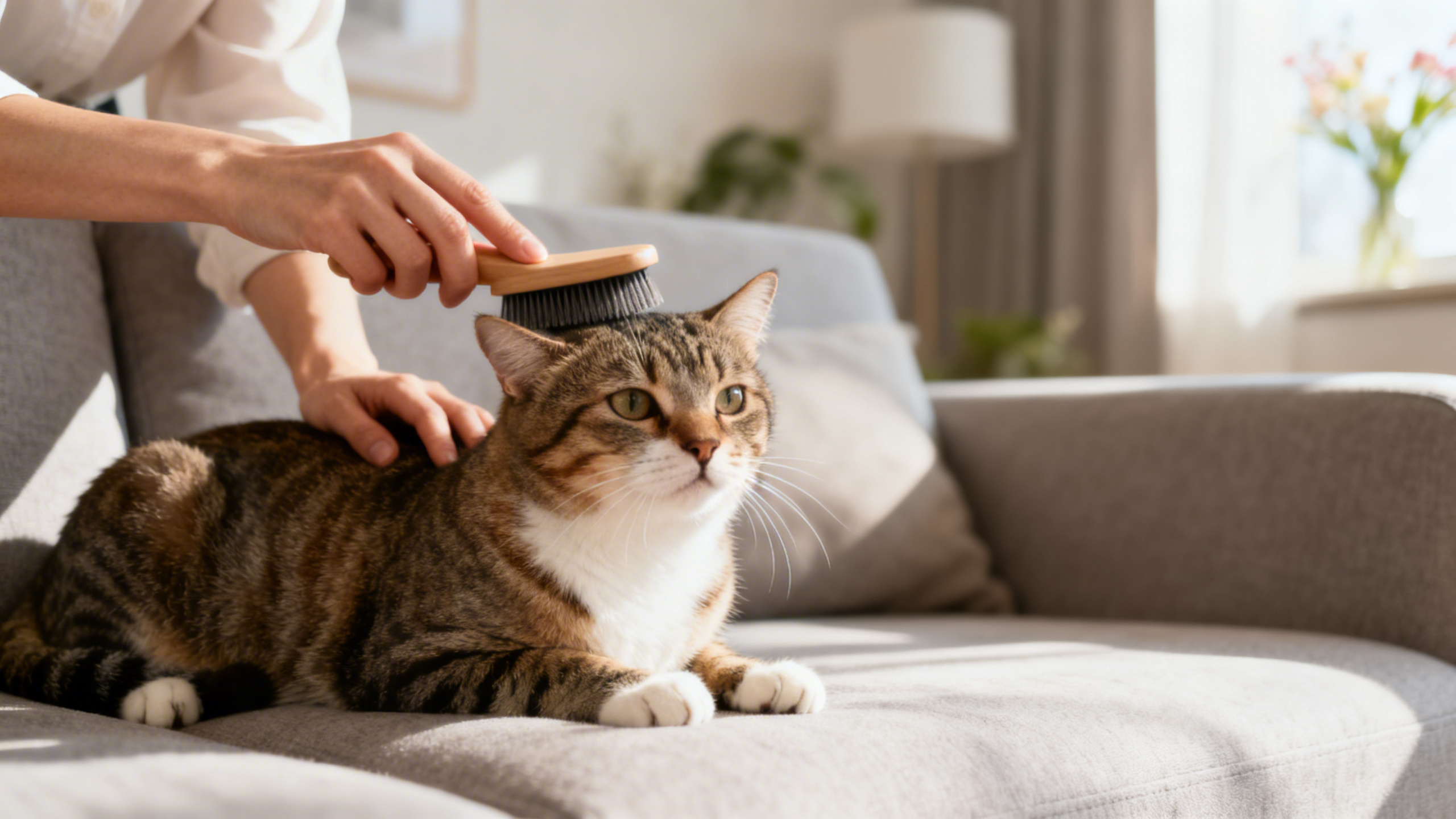 Person gently brushing an indoor cat to reduce pollen and loose hair in spring