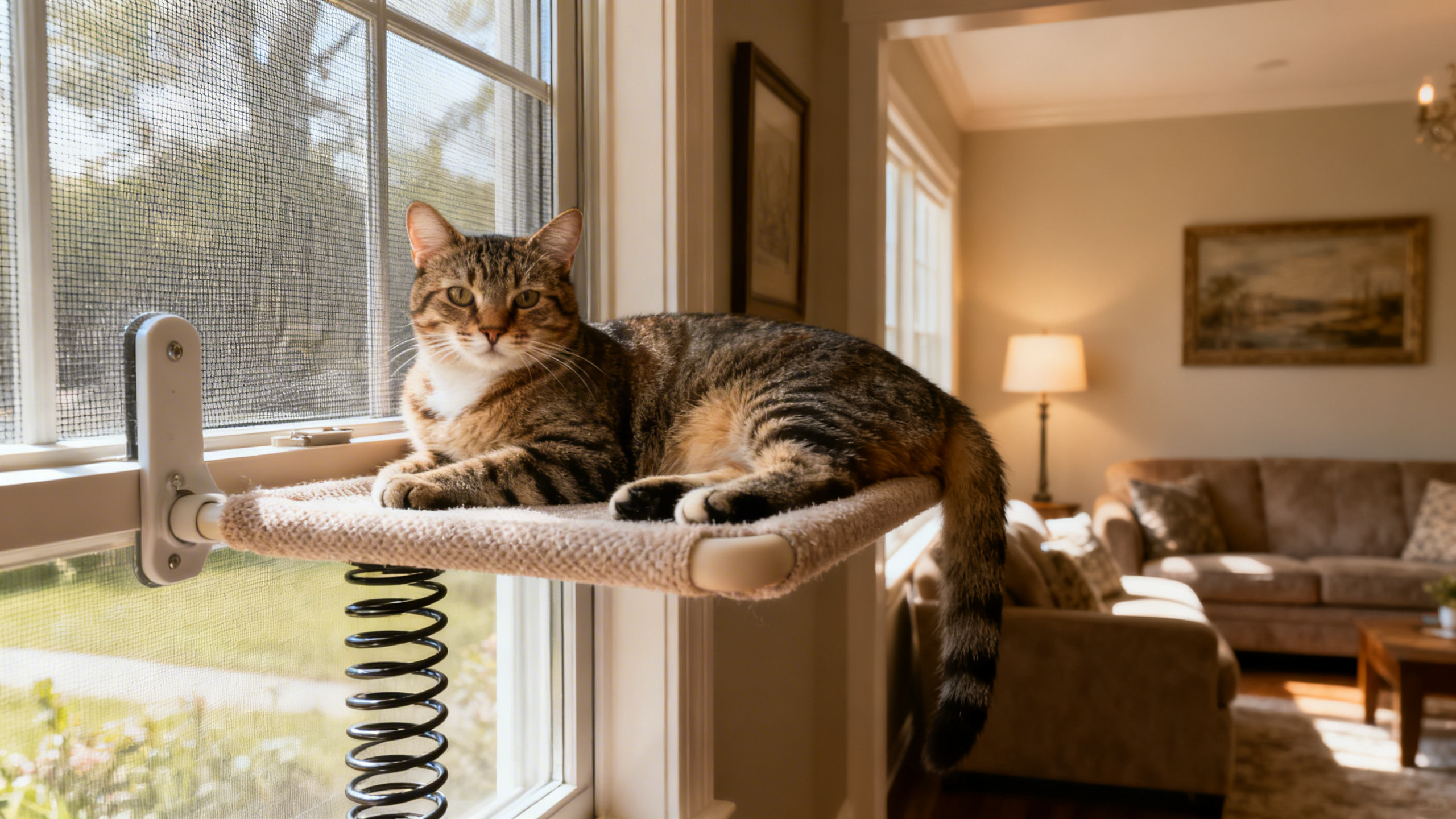 Indoor cat resting by a screened spring window during allergy season