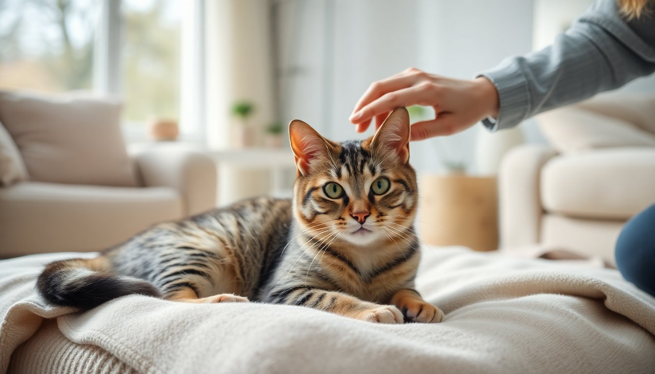 Indoor cat being gently brushed during spring shedding season