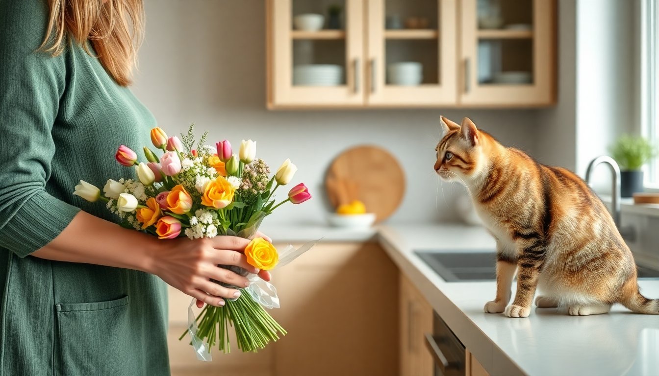 Cat owner checking a spring bouquet before bringing it near an indoor cat