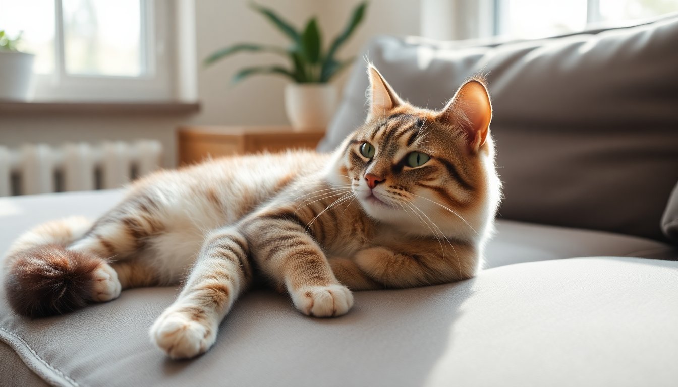 Relaxed indoor cat lounging in a clean home during spring shedding season