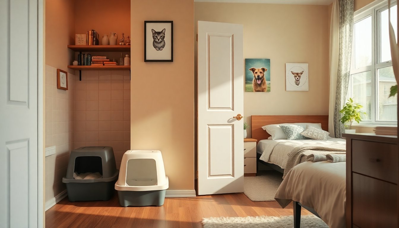 Two separate litter box areas set up for cats in a small home