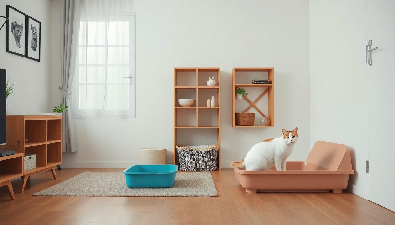 Separated litter box areas in a small apartment for two cats