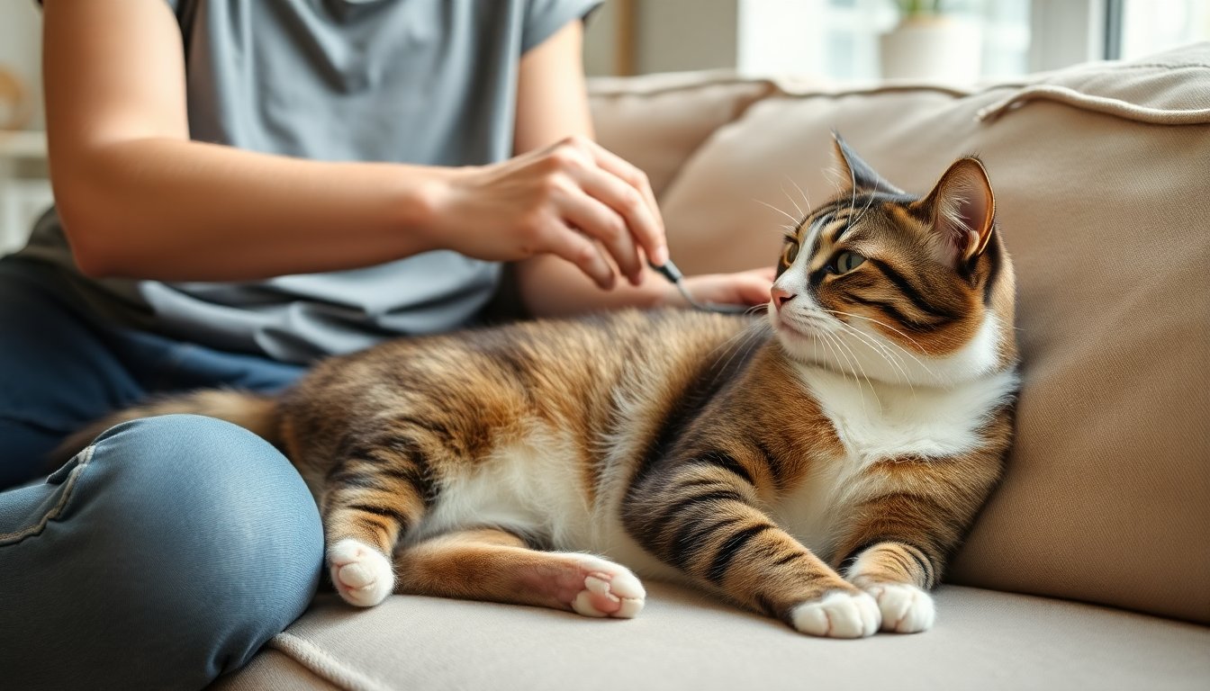 Indoor cat being gently brushed during spring shedding season