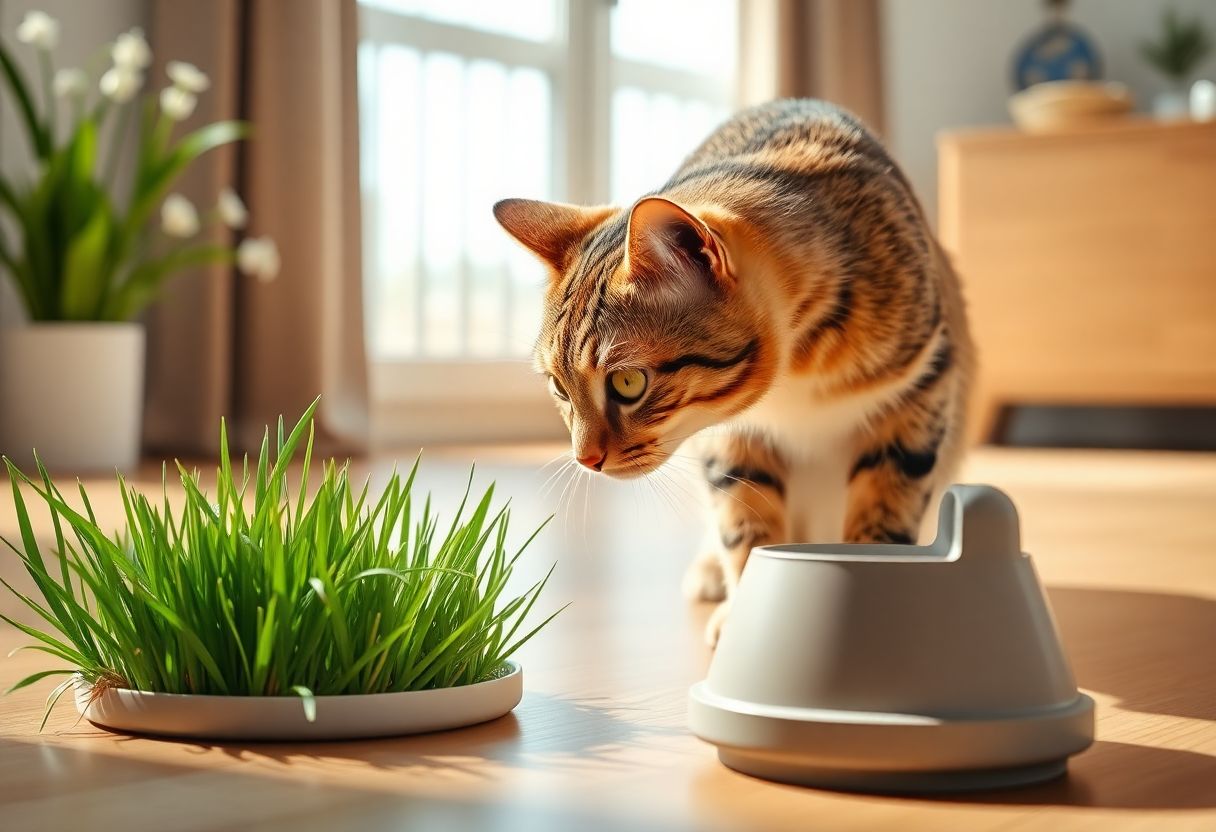 Indoor cat investigating cat grass and a puzzle feeder in spring sunlight