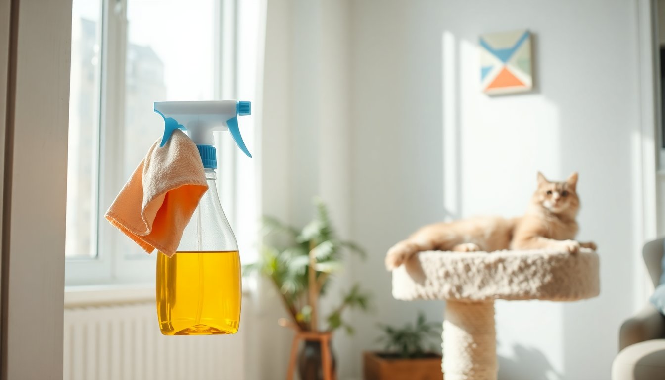 Indoor cat resting safely while cleaning supplies are stored out of reach