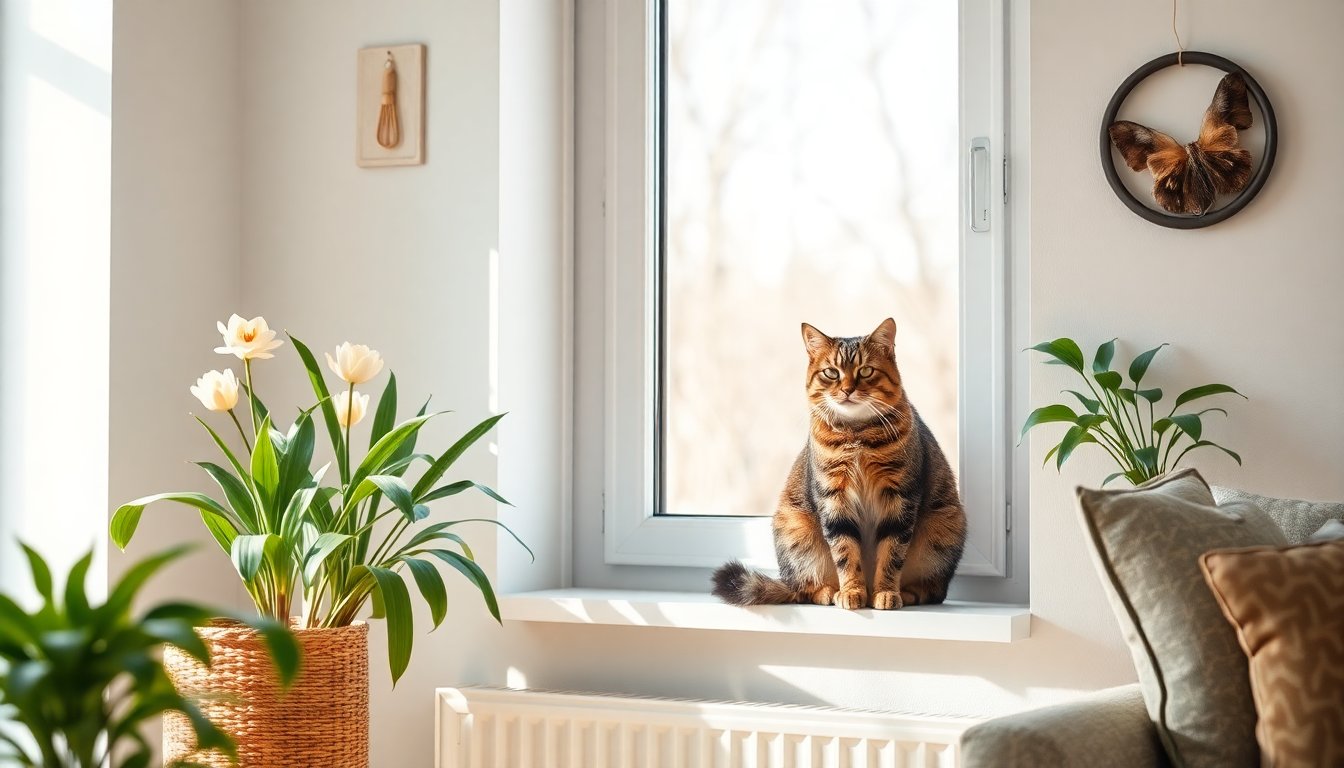 Indoor cat beside pet-safe spring decor in a sunny window