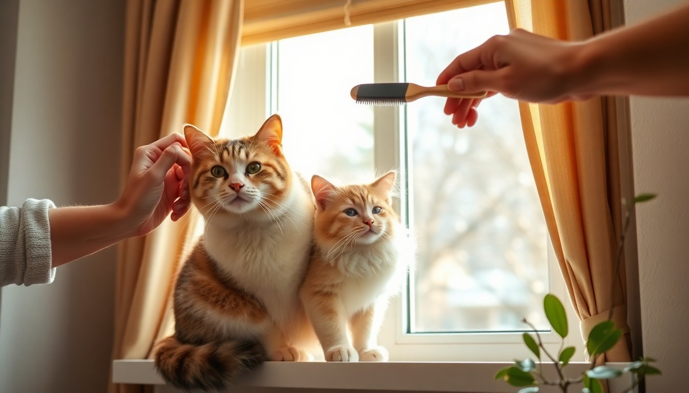 Indoor cat spring shedding being brushed on a sunny window perch