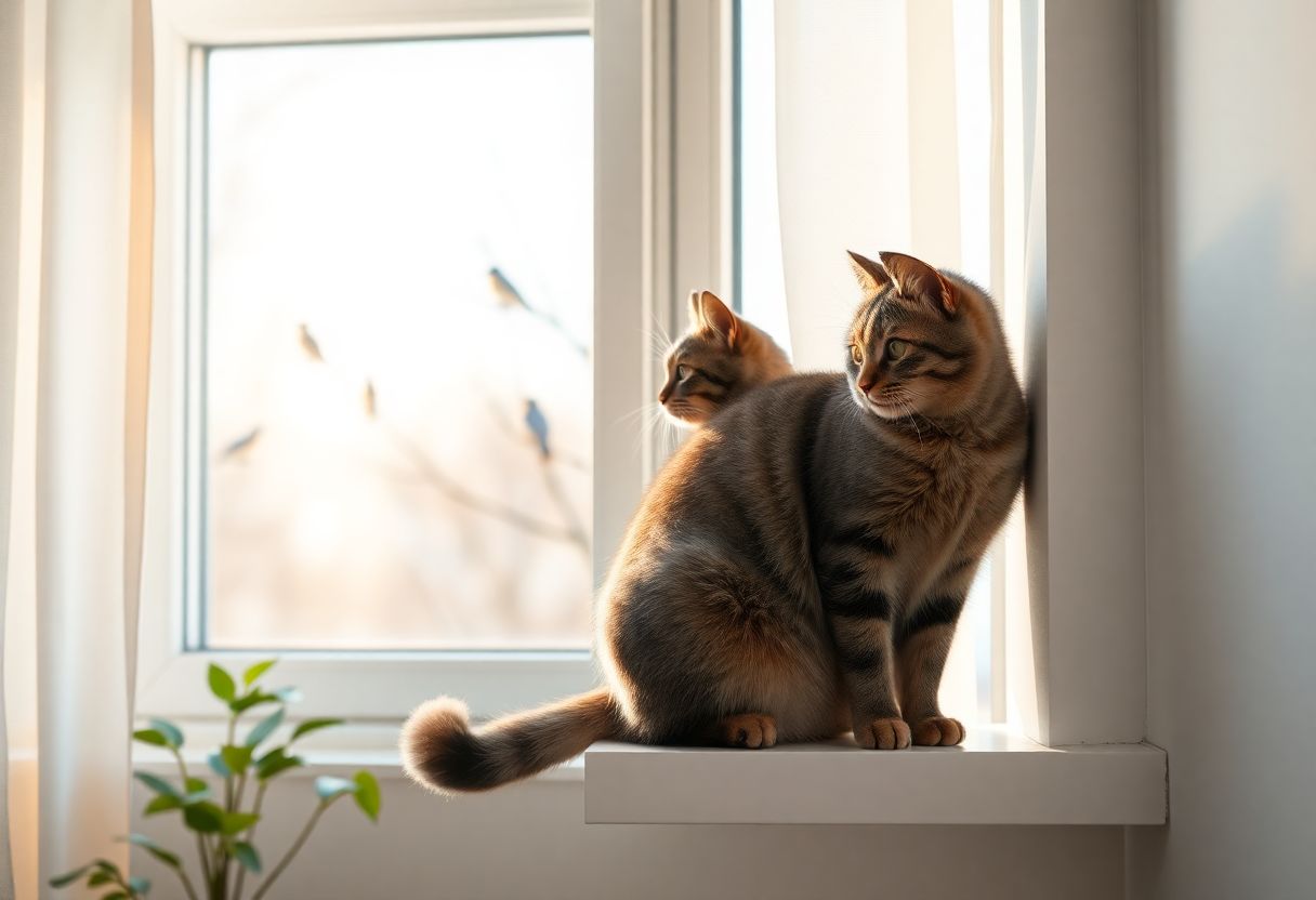 Indoor cat on a window perch watching spring birds as part of spring enrichment